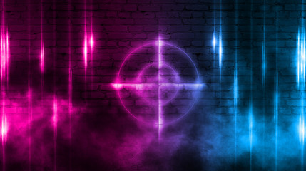 Neon target on a brick wall background with laser lights and rays of light, futuristic abstract background.