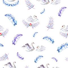 Seamless pattern with watercolor hand painted swans, feathers, twigs