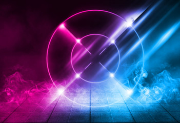 Futuristic abstract background. Empty room background, concrete. Neon blue light smoke. Laser lines, laser target in the center of the room.