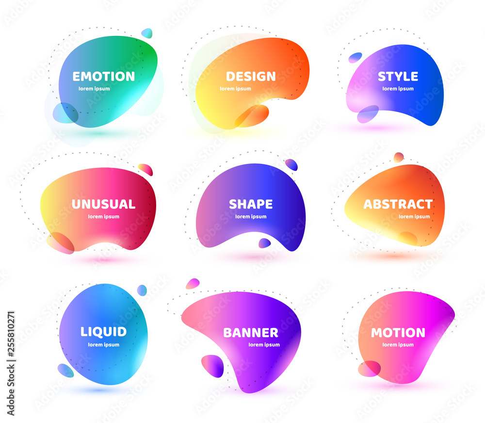 Aufkleber Set of Modern abstract vector banner. Flat geometric colorful liquid shape. Colored design template of a logo, flyer, banner, presentation. Concept design for business. Isolated vector illustration.