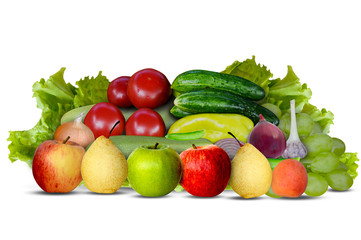 Fresh ripe pear, Apple, orange, banana, apricot, green grapes, cucumber, zucchini, tomato, onion, garlic, pepper, green peas, fruits and vegetables isolated on white background