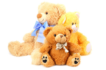 three toy teddy bears isolated on white background