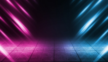 Background of empty street at night. Concrete paving slabs, illuminated by the light of multi-colored neon lamps. Fog, smoke