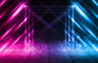 Background of empty street at night. Concrete paving slabs, illuminated by the light of multi-colored neon lamps. Fog, smoke