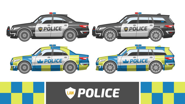 Flat colorful police car. Vector illustration sedan and station wagon patrol. Different safety automobile set. Protection vehicles.