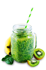 Spinach banana kiwi smoothie on a white background