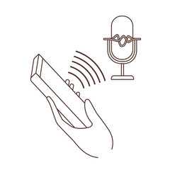 hand with smartphone and voice assistant