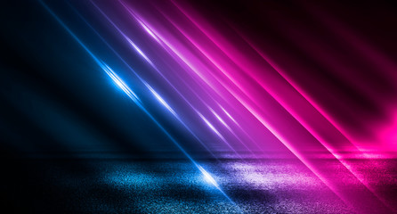 Background of empty room with concrete pavement. Blue and pink neon light. Smoke, fog, wet asphalt with reflection of lights - obrazy, fototapety, plakaty