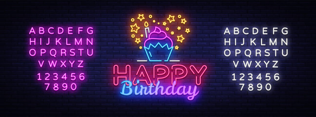 Happy Birthday neon sign vector design template. Happy Birthday neon logo, light banner design element colorful modern design trend, night bright advertising. Vector. Editing text neon sign