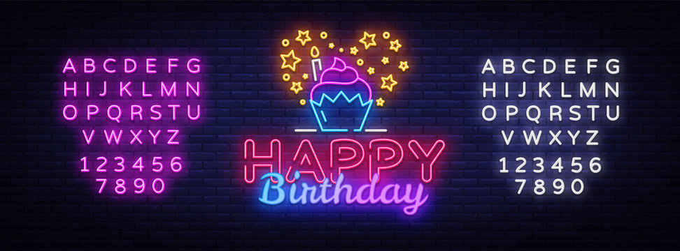 Happy Birthday neon sign vector design template. Happy Birthday neon logo, light banner design element colorful modern design trend, night bright advertising. Vector. Editing text neon sign