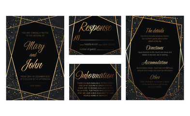 Wedding invite, details, rsvp, label save the date card. Luxury Set of elegant brochure,wedding card, background, cover. Black and golden marble texture.Geometric frame.Trendy wedding invitation.