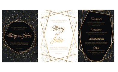 Luxury Set of elegant brochure,wedding card, background, cover. Black and golden marble texture.Geometric frame.Trendy wedding invitation.All elements are isolated and editable.