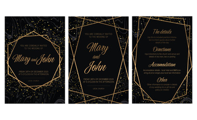 Luxury Set of elegant brochure,wedding card, background, cover. Black and golden marble texture.Geometric frame.Trendy wedding invitation.All elements are isolated and editable.