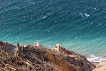 Landscape with high cliff and sea view. Black sea coast. Anapa, Krasnodar region, Russia.