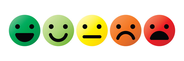 Basic emoticons set. Five facial expression of feedback scale - from positive to negative. Simple colored vector icons
