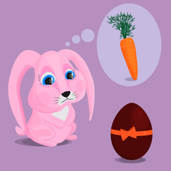 A sad pink rabbit looks at a chocolate egg and dreams of carrots. The concept of inconsistency of reality and desires. Vector image of a sad bunny.