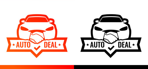 Obraz premium Logo for Dealership. Car front with Handshake symbol illustrating deal of Auto Sale. Vector emblem isolated on white background.