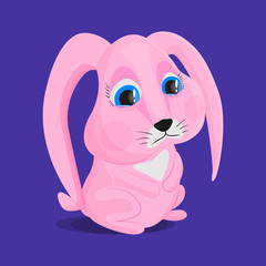Pink rabbit on a blue background with tears in his eyes. Vector image of a sad bunny. The concept of sadness, sadness, resentment. Hare on Easter without a gift.