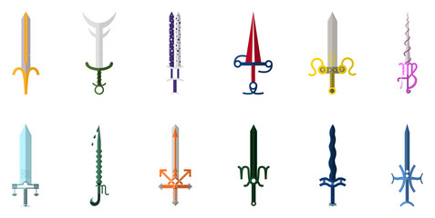 Set of 12 Zodiac Swords. Zodiacal Weapon Collection: Aries, Taurus, Gemini, Cancer, Leo, Virgo, Libra, Scorpio, Sagittarius, Capricorn, Aquarius, Pisces. Vector illustration for Your Design.