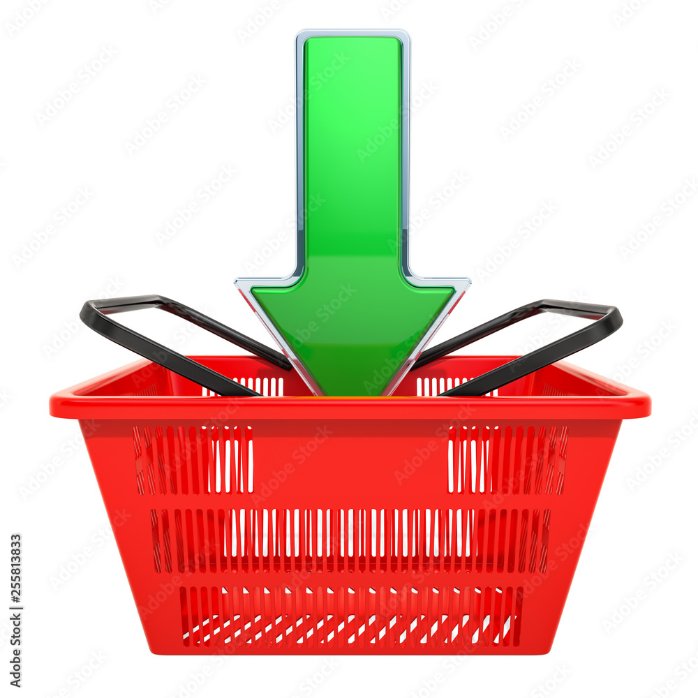 Poster add to basket concept. shopping basket with green arrow. 3d rendering