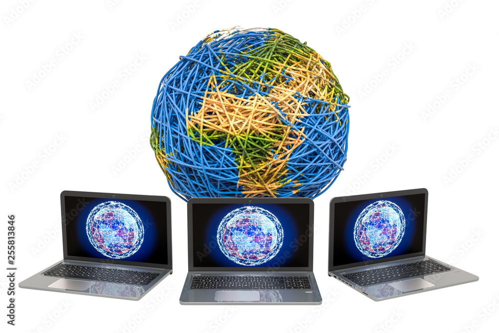 Poster global internet connection concept. earth globe from cable with laptops. 3d rendering