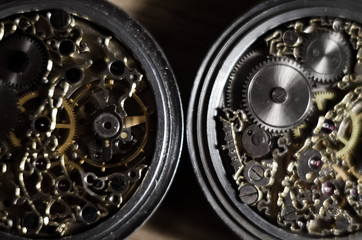 Skeleton watch. skeletonization vintage antique pocket watches. stylized skull on the clockwork. mechanical watch, in which all of the moving parts are visible through, jewelry work.