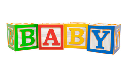 Baby word from ABC alphabet wooden blocks, 3D rendering