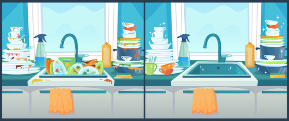 Washing dishes in sink. Dirty dish in kitchen, clean plates and messy dinnerware cartoon vector illustration