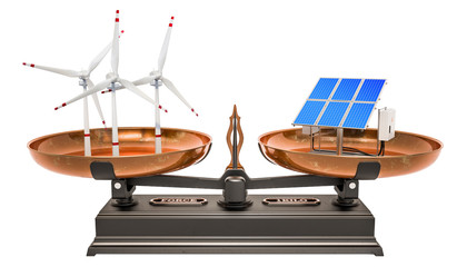 Balance concept, solar panels or wind turbines. 3D rendering
