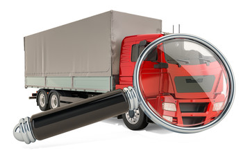 Commercial delivery van with magnifying glass. Data search concept. 3D rendering