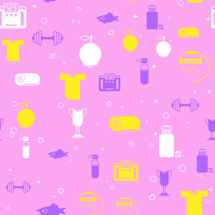 Seamless pattern with symbols of healthy lifestyle, fitness and sports nutrition.