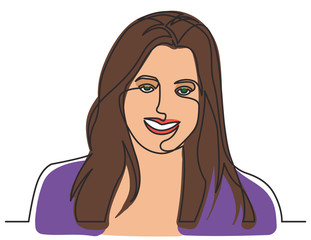 continuous line drawing of smiling happy woman on white background