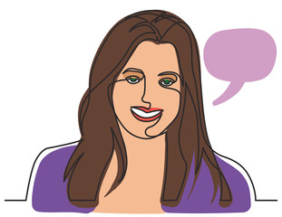 continuous line drawing of smiling happy woman on white background
