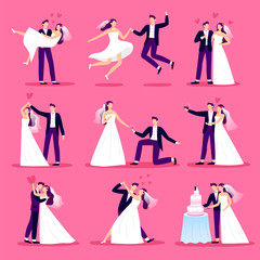 Obraz na płótnie Canvas Marriage couple. Just married couples, wedding dancing and weddings celebration. Newlywed bride and groom vector illustration set