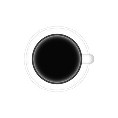 Realistic top view black coffee cup and saucer isolated on white background. Vector illustration