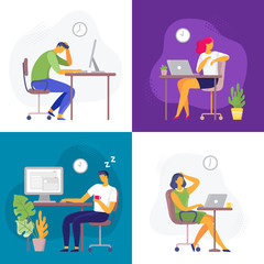 Working late. Overtime work, busy workaholic worker and employees with office laptops. Deadline flat vector illustration set