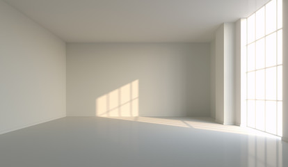 Fototapeta na wymiar Empty white room with big window and sun light. 3D illustration. 
