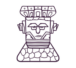 Colorful totem mask. A wooden mask on a stone pedestal, with emotional expressions. Vector linear flat illustration.