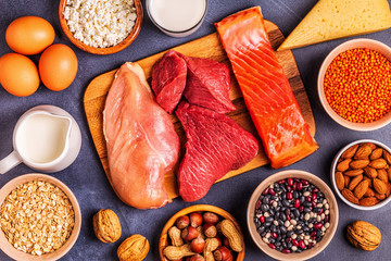 Sources of healthy protein - meat, fish, dairy products.