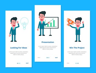 Businessman Project onboarding mobile app design page screens flat design vector illustration, UI, UX template