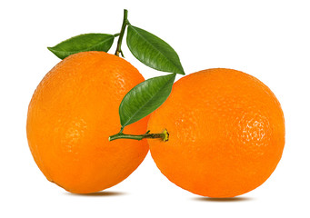 Juicy orange with leaves isolated on white background with clipping path