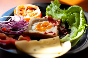 fried egg with fresh vegetables and cheese, light vegan breakfast