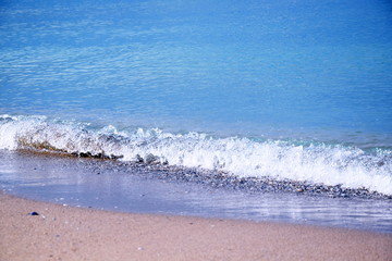 Seascape Beach Covered with Seashells  Shore Colorful Scenic Landscape Background Wallpaper Stock Photo