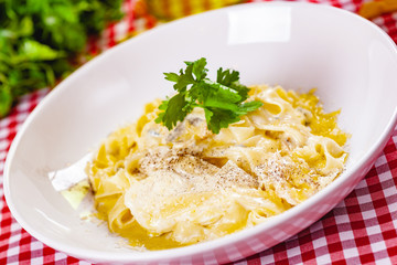 Italian Pasta with cheese on white plate. Close up