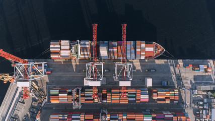 Container cargo ship in import export business logistic, Freight transportation, Aerial view.