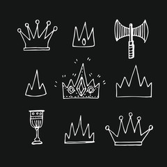 Vector illustration. Chalk on blackboard. Badges. Set. Black and white, graphic, contour, isolated, without background. 