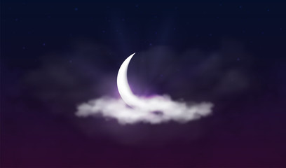 Fototapeta na wymiar Ramadan Kareem background. Muslim feast of the holy month. Beautiful crescent in clouds with stars and sunlight. Greeting card template for Ramadan and Muslim Holidays