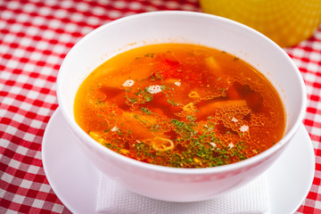 Italian minestrone soup with pasta and vegetables. Close up
