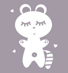 Illustration of a white sleeping raccoon. Poster in the nursery, isolated on a gray background. Vector silhouette for print on clothes. Funny postcard. A collection of charming pets and hearts