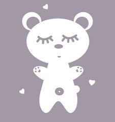 Vector poster in the nursery. Cute bear for printing on clothes. sleeping little bear with eyes closed Collection of illustrations of charming pets and hearts. Animal silhouette